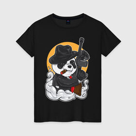Женская футболка хлопок с принтом Panda Gangster в Тюмени, 100% хлопок | прямой крой, круглый вырез горловины, длина до линии бедер, слегка спущенное плечо | art | automatic | bandit | gangster | panda | weapons | автомат | арт | бандит | гангстер | оружие | панда