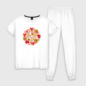 Женская пижама хлопок с принтом Хохлома в Тюмени, 100% хлопок | брюки и футболка прямого кроя, без карманов, на брюках мягкая резинка на поясе и по низу штанин | рисунок | хохлома | цветы