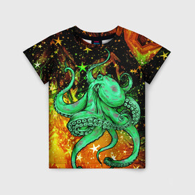 Детская футболка 3D с принтом Cosmo Octopus в Тюмени, 100% гипоаллергенный полиэфир | прямой крой, круглый вырез горловины, длина до линии бедер, чуть спущенное плечо, ткань немного тянется | Тематика изображения на принте: cosmo | kraken | medusa | meduza | ocean | octopus | pirates | арт | ван | гог | звезды | искусство | картина | космос | кракен | красочный | медуза | море | океан | осьминог | пираты | принт | стиль