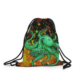 Рюкзак-мешок 3D с принтом Cosmo Octopus в Тюмени, 100% полиэстер | плотность ткани — 200 г/м2, размер — 35 х 45 см; лямки — толстые шнурки, застежка на шнуровке, без карманов и подкладки | cosmo | kraken | medusa | meduza | ocean | octopus | pirates | арт | ван | гог | звезды | искусство | картина | космос | кракен | красочный | медуза | море | океан | осьминог | пираты | принт | стиль