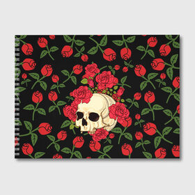 Альбом для рисования с принтом Skull Roses в Тюмени, 100% бумага
 | матовая бумага, плотность 200 мг. | Тематика изображения на принте: rose | roses | анатомия | белая | белое | гот | косплей | кости | кость | костюм | красочная | пират | пираты | подарок | прикольная | роза | светлая | стиль | темная | тренд | чб | череп | черепа | черепушки