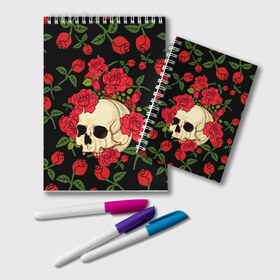 Блокнот с принтом Skull Roses в Тюмени, 100% бумага | 48 листов, плотность листов — 60 г/м2, плотность картонной обложки — 250 г/м2. Листы скреплены удобной пружинной спиралью. Цвет линий — светло-серый
 | Тематика изображения на принте: rose | roses | анатомия | белая | белое | гот | косплей | кости | кость | костюм | красочная | пират | пираты | подарок | прикольная | роза | светлая | стиль | темная | тренд | чб | череп | черепа | черепушки