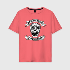Женская футболка хлопок Oversize с принтом Dia de los muertos в Тюмени, 100% хлопок | свободный крой, круглый ворот, спущенный рукав, длина до линии бедер
 | eyes | flowers | jaw | orbits | pittsburgh | ribbon | skull | teeth | глазницы | лента | пасть | цветы | череп