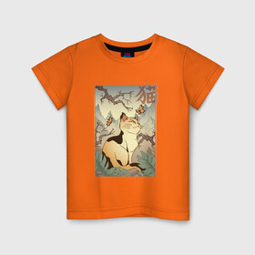 Детская футболка хлопок с принтом Кот в японском стиле в Тюмени, 100% хлопок | круглый вырез горловины, полуприлегающий силуэт, длина до линии бедер | hokusai | kanji | picture | poster | в стиле | видами | горы | деревья | искусство | кандзи | картина | кот | котейка | котенок | котэ | котята | кошечка | кошка | красотами | любуется | пейзаж | постер | стиль | фреска