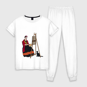Женская пижама хлопок с принтом Фрида за мольбертом в Тюмени, 100% хлопок | брюки и футболка прямого кроя, без карманов, на брюках мягкая резинка на поясе и по низу штанин | artist | frida kahlo | фрида | фрида кало | художница