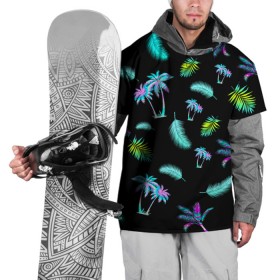 Накидка на куртку 3D с принтом Tropiki в Тюмени, 100% полиэстер |  | Тематика изображения на принте: брызги красок | кокос | космос | краска | летняя ночь | лето | лист пальмы | неон | неоновая пальма | пальма | перо | пляж