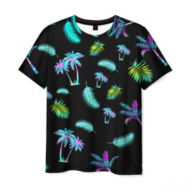 Мужская футболка 3D с принтом Tropiki в Тюмени, 100% полиэфир | прямой крой, круглый вырез горловины, длина до линии бедер | брызги красок | кокос | космос | краска | летняя ночь | лето | лист пальмы | неон | неоновая пальма | пальма | перо | пляж