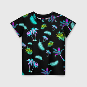 Детская футболка 3D с принтом Tropiki в Тюмени, 100% гипоаллергенный полиэфир | прямой крой, круглый вырез горловины, длина до линии бедер, чуть спущенное плечо, ткань немного тянется | брызги красок | кокос | космос | краска | летняя ночь | лето | лист пальмы | неон | неоновая пальма | пальма | перо | пляж