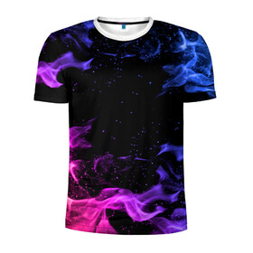 Мужская футболка 3D спортивная с принтом ОГОНЬ НЕОН в Тюмени, 100% полиэстер с улучшенными характеристиками | приталенный силуэт, круглая горловина, широкие плечи, сужается к линии бедра | абстракция | горит | неон | неоновый | огонь | пламя | пожар | синий | текстура | фиолетовый | яркий