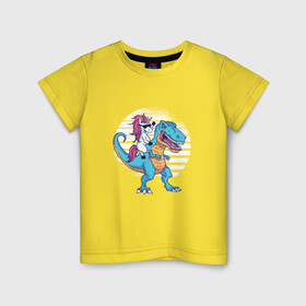 Детская футболка хлопок с принтом Единорог верхом на динозавре в Тюмени, 100% хлопок | круглый вырез горловины, полуприлегающий силуэт, длина до линии бедер | Тематика изображения на принте: dino | dinosaur | dinosaurus | evil | t rex | unicorn | верхом на динозавре | динозавр | единорог | животные | забавная | забавные | злой | милый | прикол | прикольная | прикольные | радуга | ржака | с юмором | ти рекс