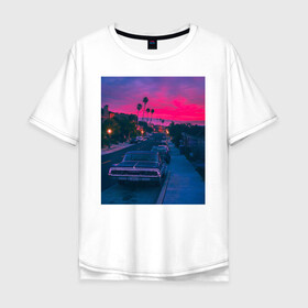 Мужская футболка хлопок Oversize с принтом Машина на рассвете в Тюмени, 100% хлопок | свободный крой, круглый ворот, “спинка” длиннее передней части | chevrolet | dusk | impala | neon | usa | неон | рассвет | сша
