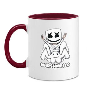 Кружка двухцветная с принтом MARSHMELLO в Тюмени, керамика | объем — 330 мл, диаметр — 80 мм. Цветная ручка и кайма сверху, в некоторых цветах — вся внутренняя часть | dj | marshmello | marshmellow | usa | америка | клуб | клубная музыка | мармело | маршмелло | маршмеллоу | музыка | музыкант