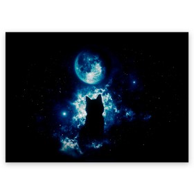 Поздравительная открытка с принтом Кот силуэт луна ночь звезды в Тюмени, 100% бумага | плотность бумаги 280 г/м2, матовая, на обратной стороне линовка и место для марки
 | астрономия | дымка | животные | звезды | звери | кот | котейка | котик | котэ | котя | кошка | луна | лунный кошак | месяц | мистика | мяу | ночь | нэко | ня | полнодуние | романтика | силуэт