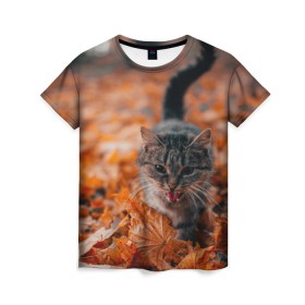 Женская футболка 3D с принтом мяукающий кот осенние листья в Тюмени, 100% полиэфир ( синтетическое хлопкоподобное полотно) | прямой крой, круглый вырез горловины, длина до линии бедер | золотая осень | кот | кошка | крик | листва | листья | мяу | мяукает | осень | сезон | уличный котейка