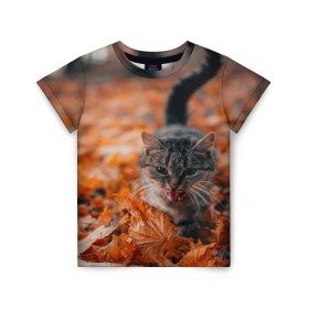 Детская футболка 3D с принтом мяукающий кот осенние листья в Тюмени, 100% гипоаллергенный полиэфир | прямой крой, круглый вырез горловины, длина до линии бедер, чуть спущенное плечо, ткань немного тянется | Тематика изображения на принте: золотая осень | кот | кошка | крик | листва | листья | мяу | мяукает | осень | сезон | уличный котейка