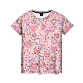 Женская футболка 3D с принтом Сердечки разные в Тюмени, 100% полиэфир ( синтетическое хлопкоподобное полотно) | прямой крой, круглый вырез горловины, длина до линии бедер | blue | flower | flowers | love | love is | loves | pink | rose | бабочка | бабочки | голубая | девочке | девушке | красивая | мода | парню | подарок | приятная | роза | розовая | сердечки | сердце | текстура | тренд | цветок