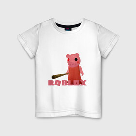 Детская футболка хлопок с принтом ROBLOX: PIGGI. в Тюмени, 100% хлопок | круглый вырез горловины, полуприлегающий силуэт, длина до линии бедер | game | gamer | logo | minecraft | piggi | roblox | simulator | игра | конструктор | лого | пигги | свинья | симулятор | строительство | фигура