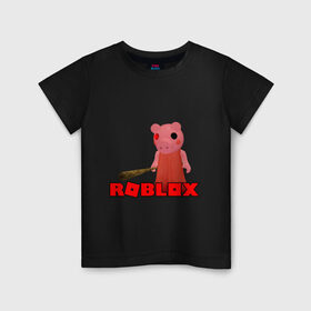 Детская футболка хлопок с принтом ROBLOX PIGGI в Тюмени, 100% хлопок | круглый вырез горловины, полуприлегающий силуэт, длина до линии бедер | game | gamer | logo | minecraft | piggi | roblox | simulator | игра | конструктор | лого | пигги | свинья | симулятор | строительство | фигура