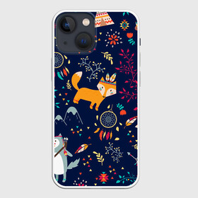 Чехол для iPhone 13 mini с принтом Звери природа индейцы этно в Тюмени,  |  | ветки | волк | горы | звери | индейцы | лес | лис | лиса | листья | ловец снов | медведь | природа | синий | треугольники | узор | цветы | этно