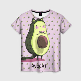 Женская футболка 3D с принтом Авокадо Кот в Тюмени, 100% полиэфир ( синтетическое хлопкоподобное полотно) | прямой крой, круглый вырез горловины, длина до линии бедер | авокадо | авокадо фон | авокот | авокотик | арт авокадо | кот | котик