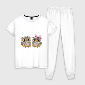 Женская пижама хлопок с принтом Совушки в Тюмени, 100% хлопок | брюки и футболка прямого кроя, без карманов, на брюках мягкая резинка на поясе и по низу штанин | бантик | совушки | совы