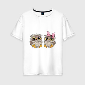 Женская футболка хлопок Oversize с принтом Совушки в Тюмени, 100% хлопок | свободный крой, круглый ворот, спущенный рукав, длина до линии бедер
 | бантик | совушки | совы