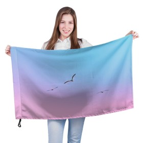 Флаг 3D с принтом чайки птицы полет градиент в Тюмени, 100% полиэстер | плотность ткани — 95 г/м2, размер — 67 х 109 см. Принт наносится с одной стороны | градиент | закат | минимализм | небо | полет | природа | просто | птицы | рассвет | чайки