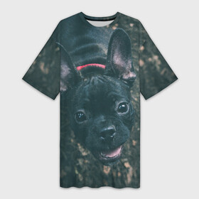 Платье-футболка 3D с принтом Бульдог морда собакена черного в Тюмени,  |  | бульдог | гав | глаза | любимец | любителю животных | ошейник | пес | песель | песик | питомец | псина | псинка | собака | собакен | собачка | собачник | уши | черный | язык