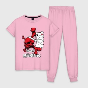 Женская пижама хлопок с принтом Свинка Пигги из Roblox в Тюмени, 100% хлопок | брюки и футболка прямого кроя, без карманов, на брюках мягкая резинка на поясе и по низу штанин | pig | piggi | roblox | svinka | игра | пигги