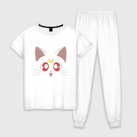Женская пижама хлопок с принтом Sailor Moon Luna в Тюмени, 100% хлопок | брюки и футболка прямого кроя, без карманов, на брюках мягкая резинка на поясе и по низу штанин | Тематика изображения на принте: animal | cat | cuty | eyes | face | kitty | luna | moon | pet | sailor moon | глаза | котенок | кошка | луна | милота | мордочка кота | мультяшки | питомец | сейлор мун | сейлормун | сейлормун луна | сэйлор мун