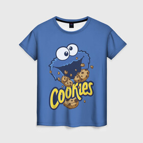 Женская футболка 3D с принтом Cookies в Тюмени, 100% полиэфир ( синтетическое хлопкоподобное полотно) | прямой крой, круглый вырез горловины, длина до линии бедер | cookie | cookiemonster | delicious | eat | monster | yummy | еда | коржик | куки | кукимонстр | монстр | печенье | сезам | сладости | улица | улицасезам