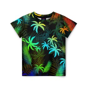 Детская футболка 3D с принтом ПАЛЬМЫ / ТРОПИКИ в Тюмени, 100% гипоаллергенный полиэфир | прямой крой, круглый вырез горловины, длина до линии бедер, чуть спущенное плечо, ткань немного тянется | flowers | hotline miami | neon | new retro wave | outrun | outrun electro | palmen | rainbow | retro | retrowave | summer | synth | synthwave | tropical | лето | неон | пальмы | радуга | растения | ретро | тропики | хотлайн майами | цветы