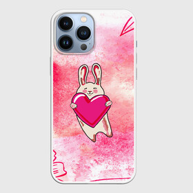 Чехол для iPhone 13 Pro Max с принтом Влюбленный Зайчик в Тюмени,  |  | Тематика изображения на принте: like | love | loveis | pink | валентин | влюбленным | женщинам | животные | зайка | зайчик | заяц | звери | каваи | кролик | лапки | люблю | любовь | мордочка | няшный | подарок | прикольный | сердечки | сердце