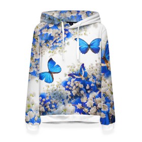 Женская толстовка 3D с принтом Butterfly | Blue White в Тюмени, 100% полиэстер  | двухслойный капюшон со шнурком для регулировки, мягкие манжеты на рукавах и по низу толстовки, спереди карман-кенгуру с мягким внутренним слоем. | Тематика изображения на принте: butterfly | earth | flowers | forest | neon | бабочки | весенняя | весна | зелень | земля | зима | зимняя | искусство | краски | лес | летняя | лето | море | неон | океан | осенняя | природа | приятная | растения | рестение
