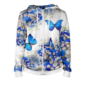 Женская толстовка 3D на молнии с принтом Butterfly | Blue White в Тюмени, 100% полиэстер | длина до линии бедра, манжеты и пояс оформлены мягкой тканевой резинкой, двухслойный капюшон со шнурком для регулировки, спереди молния, по бокам два кармана | Тематика изображения на принте: butterfly | earth | flowers | forest | neon | бабочки | весенняя | весна | зелень | земля | зима | зимняя | искусство | краски | лес | летняя | лето | море | неон | океан | осенняя | природа | приятная | растения | рестение