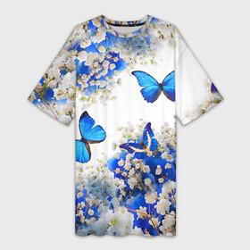 Платье-футболка 3D с принтом Butterfly | Blue White в Тюмени,  |  | butterfly | earth | flowers | forest | neon | бабочки | весенняя | весна | зелень | земля | зима | зимняя | искусство | краски | лес | летняя | лето | море | неон | океан | осенняя | природа | приятная | растения | рестение
