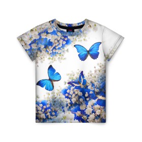 Детская футболка 3D с принтом Butterfly | Blue White в Тюмени, 100% гипоаллергенный полиэфир | прямой крой, круглый вырез горловины, длина до линии бедер, чуть спущенное плечо, ткань немного тянется | Тематика изображения на принте: butterfly | earth | flowers | forest | neon | бабочки | весенняя | весна | зелень | земля | зима | зимняя | искусство | краски | лес | летняя | лето | море | неон | океан | осенняя | природа | приятная | растения | рестение