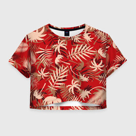 Женская футболка Crop-top 3D с принтом ТРОПИЧЕСКИЕ ПАЛЬМЫ. в Тюмени, 100% полиэстер | круглая горловина, длина футболки до линии талии, рукава с отворотами | 2020 | tropical | лето | лето2020 | листья | пальмы | тропические пальмы
