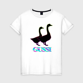 Женская футболка хлопок с принтом Gussi в Тюмени, 100% хлопок | прямой крой, круглый вырез горловины, длина до линии бедер, слегка спущенное плечо | gucci | gussi | антибренд | бренд | гуси | гусь | гучи | гуччи | мем | мемы | неон | прикол