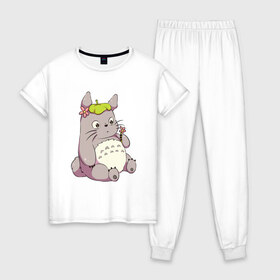 Женская пижама хлопок с принтом Little Totoro в Тюмени, 100% хлопок | брюки и футболка прямого кроя, без карманов, на брюках мягкая резинка на поясе и по низу штанин | forest | ghibli | japan | miyazaki | nature | neigbor | neighbour | totoro | анимация | аниме | гибли | друг | животные | лес | любовь | милый | мир | миядзаки | мульт | мультфильм | приключения | природа | сказка | сосед | тоторо
