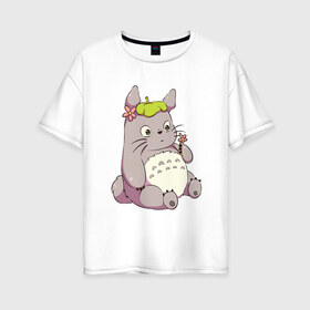 Женская футболка хлопок Oversize с принтом Little Totoro в Тюмени, 100% хлопок | свободный крой, круглый ворот, спущенный рукав, длина до линии бедер
 | forest | ghibli | japan | miyazaki | nature | neigbor | neighbour | totoro | анимация | аниме | гибли | друг | животные | лес | любовь | милый | мир | миядзаки | мульт | мультфильм | приключения | природа | сказка | сосед | тоторо