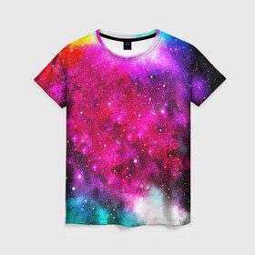 Женская футболка 3D с принтом Туманность в Тюмени, 100% полиэфир ( синтетическое хлопкоподобное полотно) | прямой крой, круглый вырез горловины, длина до линии бедер | space | stars | абстракция | бесконечный | блестящий | вселенная | галактика | дым | звездная | звезды | космический | космос | краски | лето | материя | небо | неоновый | нло | ночь | облака | планеты | радуга