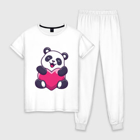 Женская пижама хлопок с принтом Панда love в Тюмени, 100% хлопок | брюки и футболка прямого кроя, без карманов, на брюках мягкая резинка на поясе и по низу штанин | love | влюблённая панда | панда | панда love | панда обнимает сердечко | панда с сердечком | панда с сердцем | панда сердечко | панда сердце | сердечко | сердце