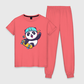 Женская пижама хлопок с принтом Панда скейтер в Тюмени, 100% хлопок | брюки и футболка прямого кроя, без карманов, на брюках мягкая резинка на поясе и по низу штанин | весёлая панда | милая панда | панда | панда на скейте | панда скейтер | радостная панда | скейт | скейтер