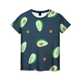 Женская футболка 3D с принтом Авокадо в Тюмени, 100% полиэфир ( синтетическое хлопкоподобное полотно) | прямой крой, круглый вырез горловины, длина до линии бедер | авокадо | арт | зеленый | косточка | разрез | рисунок | темный | фрукт | черный