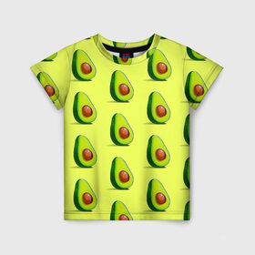 Детская футболка 3D с принтом Авокадо в Тюмени, 100% гипоаллергенный полиэфир | прямой крой, круглый вырез горловины, длина до линии бедер, чуть спущенное плечо, ткань немного тянется | авокадо | арт | в разрезе | вкусно | вкусный фрукт | желтый | зеленый | косточка | крупная косточка | разрез | рисунок | сладко | сочно | фрукт