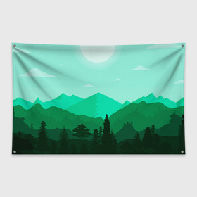 Флаг-баннер с принтом Горы пейзаж дикая природа в Тюмени, 100% полиэстер | размер 67 х 109 см, плотность ткани — 95 г/м2; по краям флага есть четыре люверса для крепления | вектор | горы | зеленый | лето | образ | отдых | пейзаж | природа | рисунок | силуэт | солнце