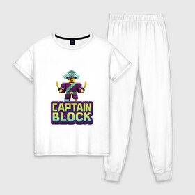 Женская пижама хлопок с принтом Roblox Captain Block Роблокс в Тюмени, 100% хлопок | брюки и футболка прямого кроя, без карманов, на брюках мягкая резинка на поясе и по низу штанин | captain block | roblox | роблокс