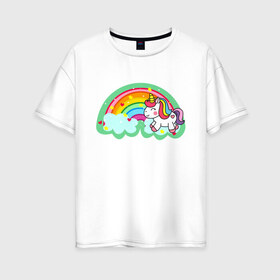 Женская футболка хлопок Oversize с принтом Единорог с радугой в Тюмени, 100% хлопок | свободный крой, круглый ворот, спущенный рукав, длина до линии бедер
 | аниме | единорог | животные | звёзды | звери | картинки | мультфильмы | прикольные | радуга | сердца | цветы