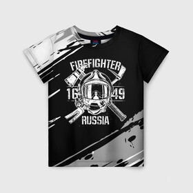 Детская футболка 3D с принтом FIREFIGHTER 1649 RUSSIA в Тюмени, 100% гипоаллергенный полиэфир | прямой крой, круглый вырез горловины, длина до линии бедер, чуть спущенное плечо, ткань немного тянется | 112 | 27 декабря | firefighter | багор | белая | герб | гкчс | знак | лого | логотип | маска | мчс | мчсник | пожарная охрана | пожарник | пожарный | пч | россии | рф | серая | символ | служба | состаренная